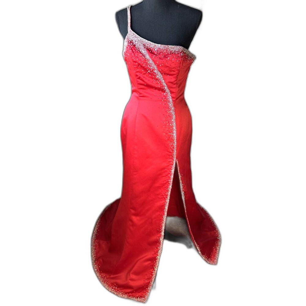 Size 10 Y2K Vintage Precious Formals red gown beaded slit one strap (10441)